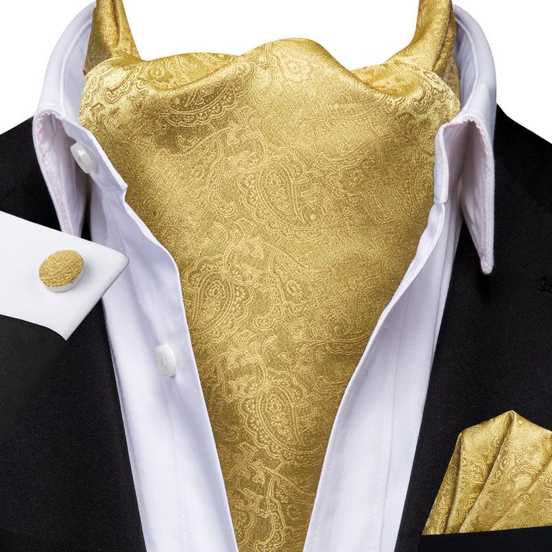 Dubulle Gold Paisley Floral Ascot for Men Self Tie Mens Cravat and Pocket Square Cufflinks Wedding - Image 2
